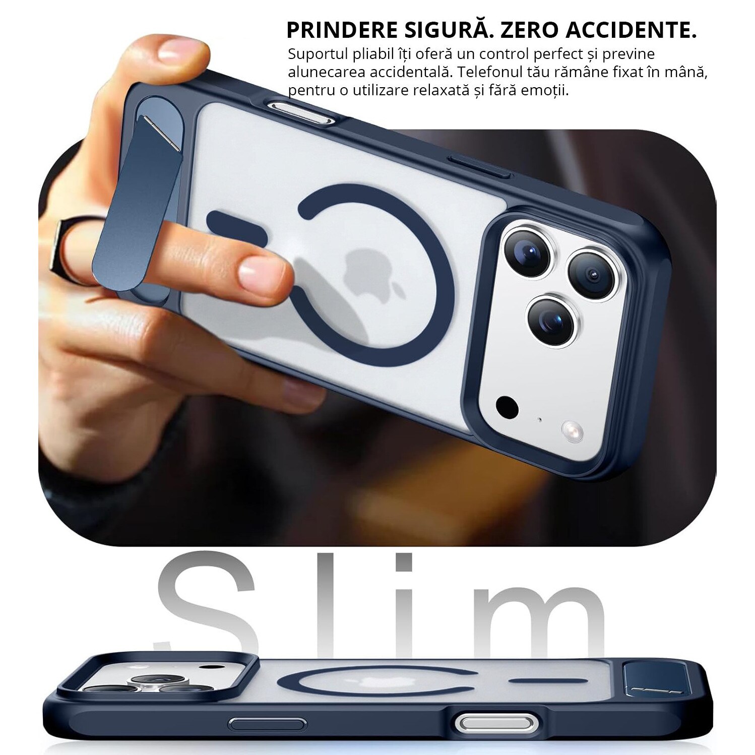 Husa pentru iPhone 17 PRO, MobileSmart, compatibil cu MagSafe, suport ascuns si protectie militara antisoc cu margini ridicate, Blue