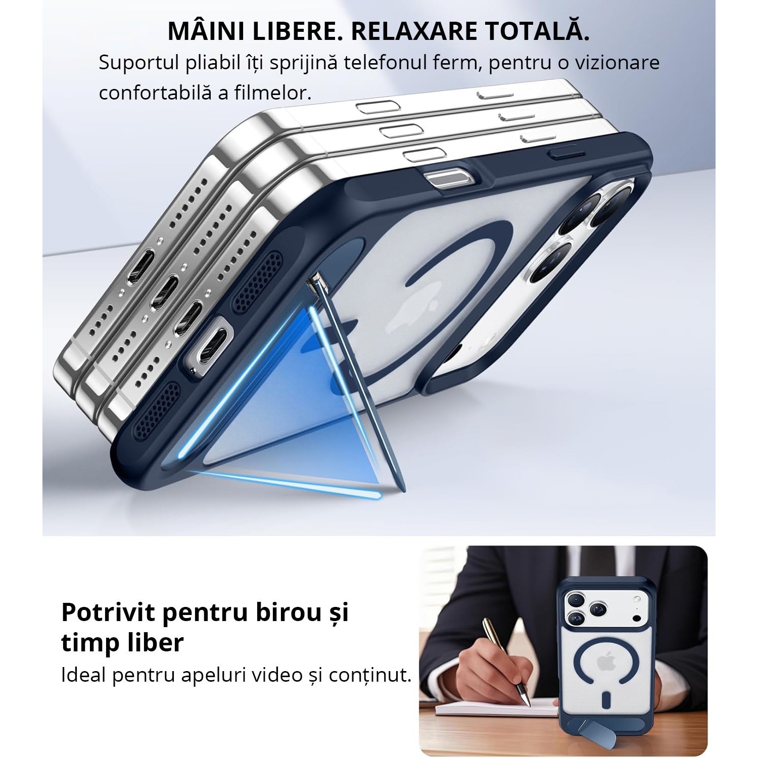 Husa pentru iPhone 17 PRO, MobileSmart, compatibil cu MagSafe, suport ascuns si protectie militara antisoc cu margini ridicate, Blue