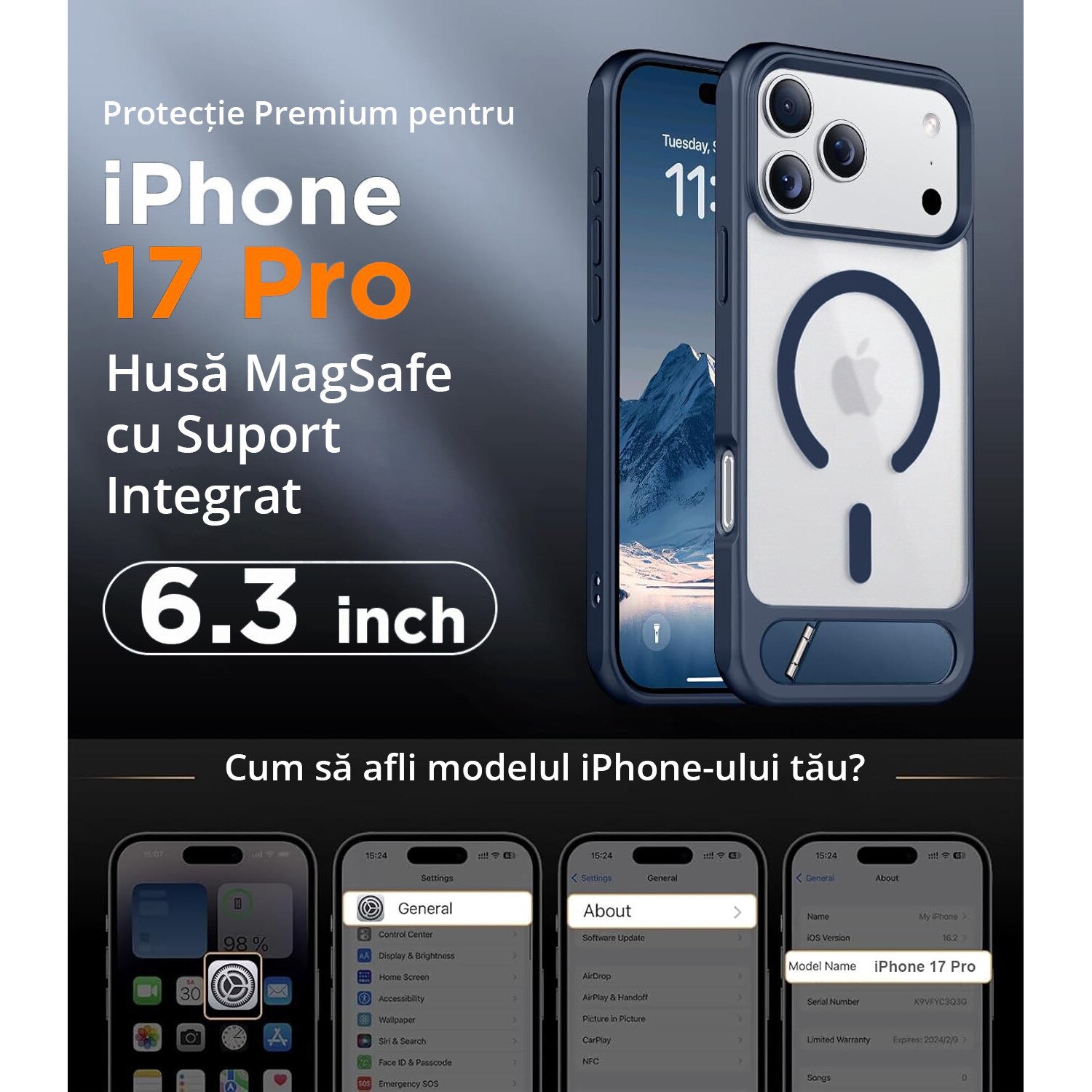 Husa pentru iPhone 17 PRO, MobileSmart, compatibil cu MagSafe, suport ascuns si protectie militara antisoc cu margini ridicate, Blue