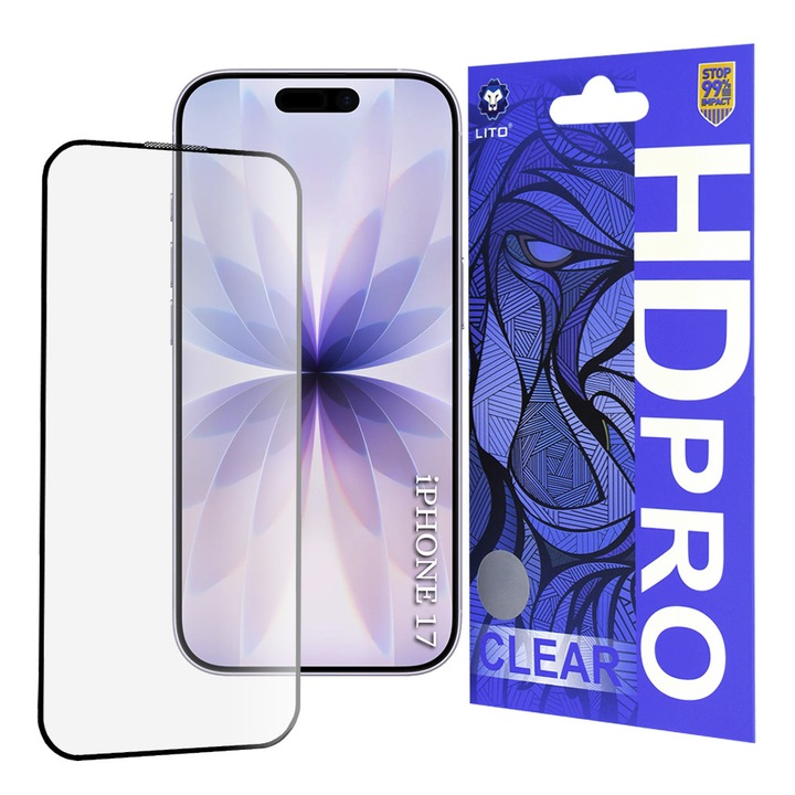 Folie telefon Lito HD Pro Clear, sticlă securizată, transparentă, negru, pentru iPhone 16 Pro / iPhone 17