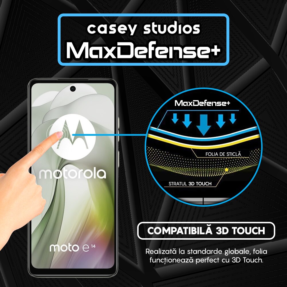 Folie Sticla CASEY STUDIOS™ compatibila cu Motorola Moto E14, Full Cover 3D, Full Glue, Duritate Militara, Ultra HD, Anti Zgarieturi, Anti Amprente, Anti Socuri, Margini Negre