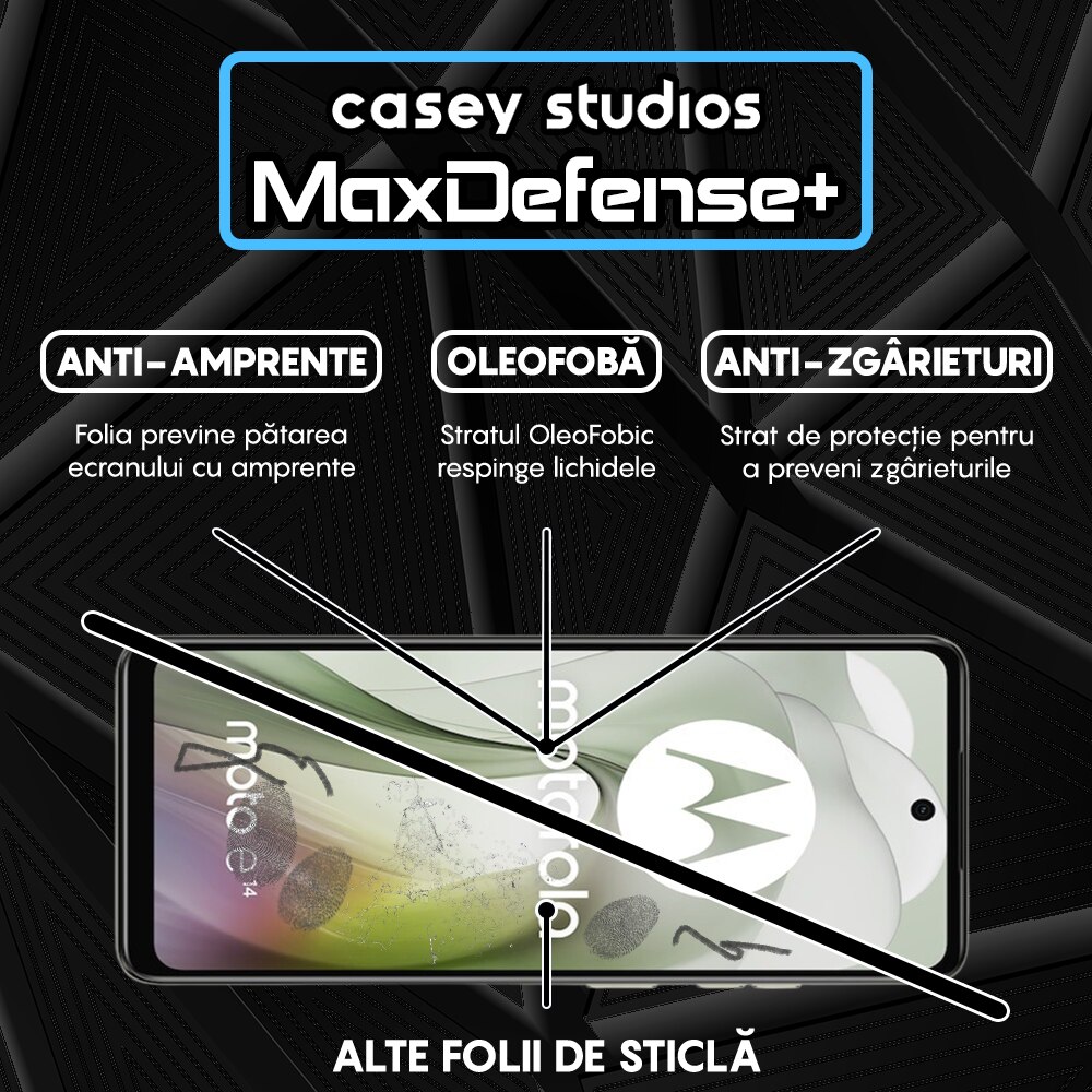 Folie Sticla CASEY STUDIOS™ compatibila cu Motorola Moto E14, Full Cover 3D, Full Glue, Duritate Militara, Ultra HD, Anti Zgarieturi, Anti Amprente, Anti Socuri, Margini Negre