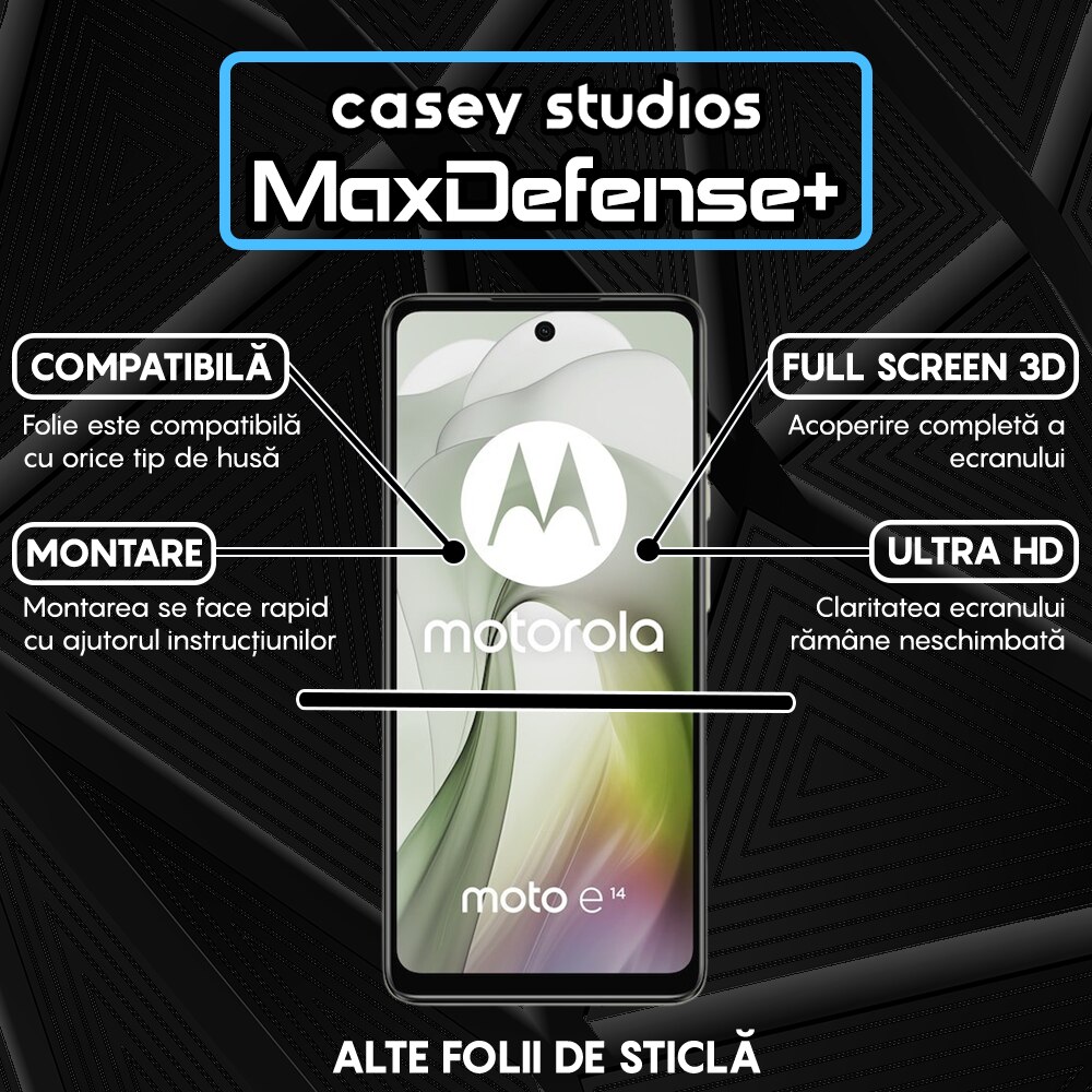 Folie Sticla CASEY STUDIOS™ compatibila cu Motorola Moto E14, Full Cover 3D, Full Glue, Duritate Militara, Ultra HD, Anti Zgarieturi, Anti Amprente, Anti Socuri, Margini Negre