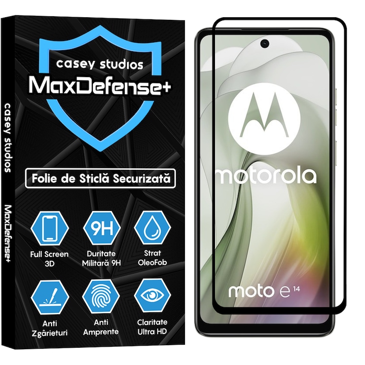 Folie Sticla CASEY STUDIOS™ compatibila cu Motorola Moto E14, Full Cover 3D, Full Glue, Duritate Militara, Ultra HD, Anti Zgarieturi, Anti Amprente, Anti Socuri, Margini Negre