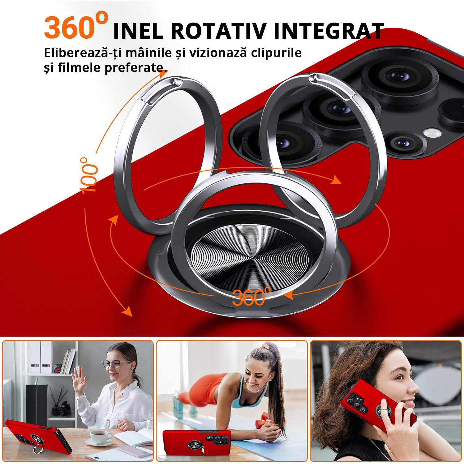 Husa MobileSmart pentru Samsung Galaxy S25 ULTRA, Inel Rotativ 360°, Protectie Militara Antisoc, Suport Auto Magnetic, Rosu