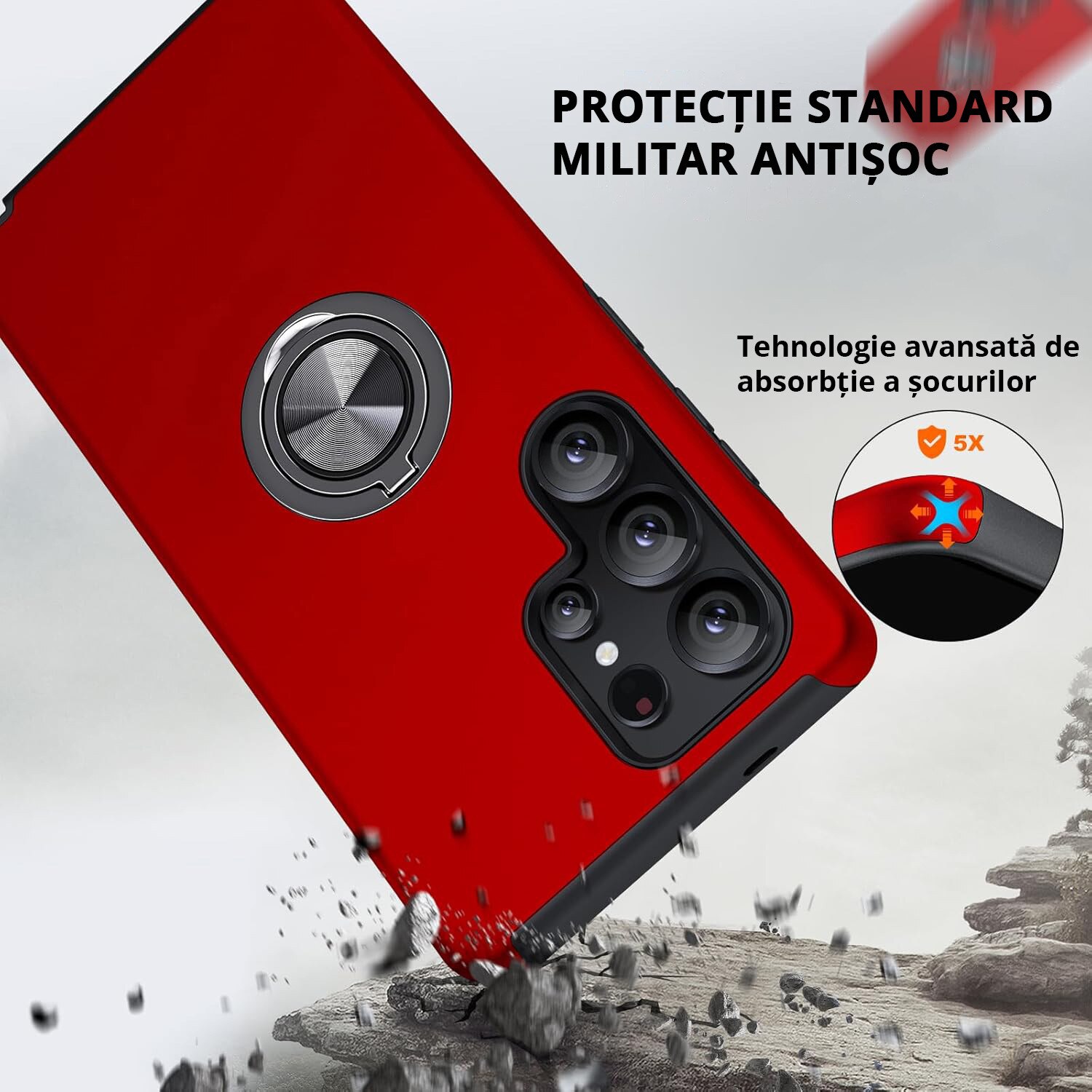 Husa MobileSmart pentru Samsung Galaxy S25 ULTRA, Inel Rotativ 360°, Protectie Militara Antisoc, Suport Auto Magnetic, Rosu