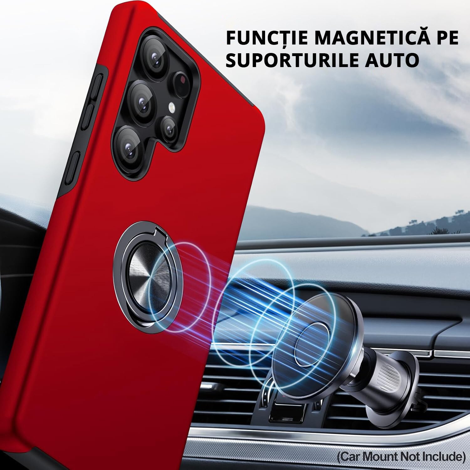 Husa MobileSmart pentru Samsung Galaxy S25 ULTRA, Inel Rotativ 360°, Protectie Militara Antisoc, Suport Auto Magnetic, Rosu