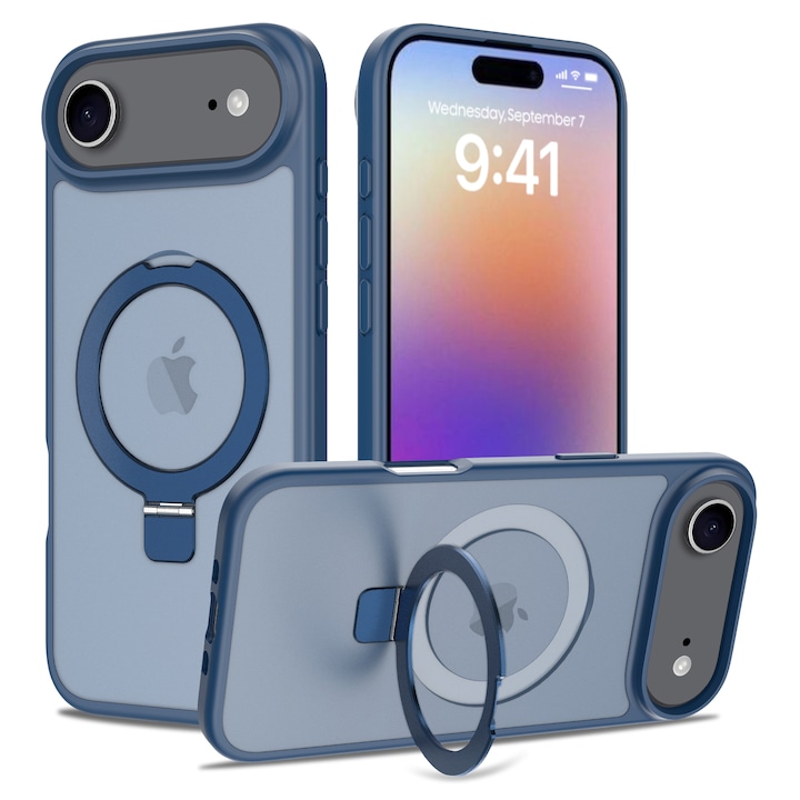 Husa de protectie pentru iPhone 17 Air, Omelivon, MagSafe, Suport pentru inel, Margini ridicate pentru protectia ecranului, Anti-Soc, TPU Moale + PC Dur, Spate Semitransparent, Albastru