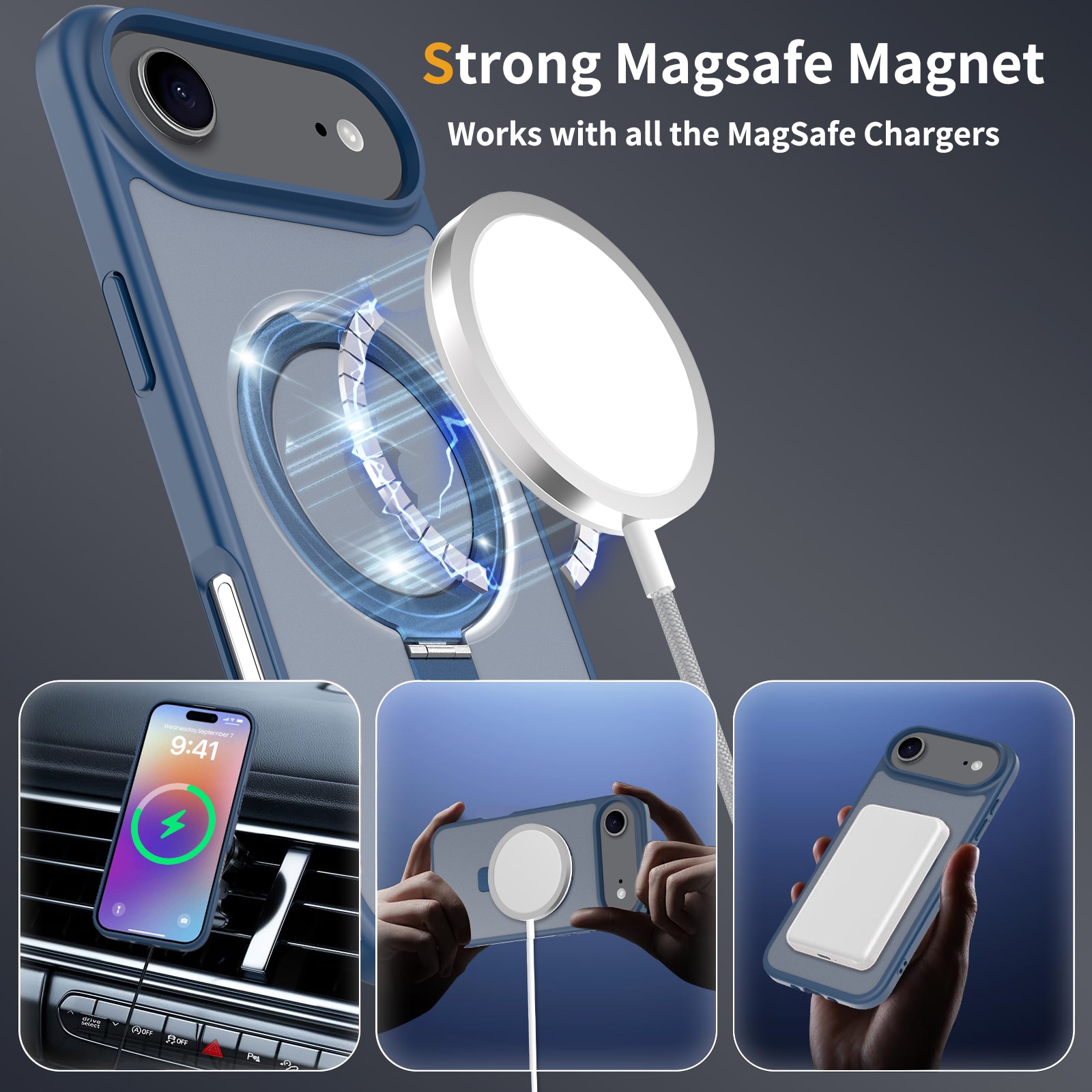 Husa de protectie pentru iPhone 17 Air, Omelivon, MagSafe, Suport pentru inel, Margini ridicate pentru protectia ecranului, Anti-Soc, TPU Moale + PC Dur, Spate Semitransparent, Albastru