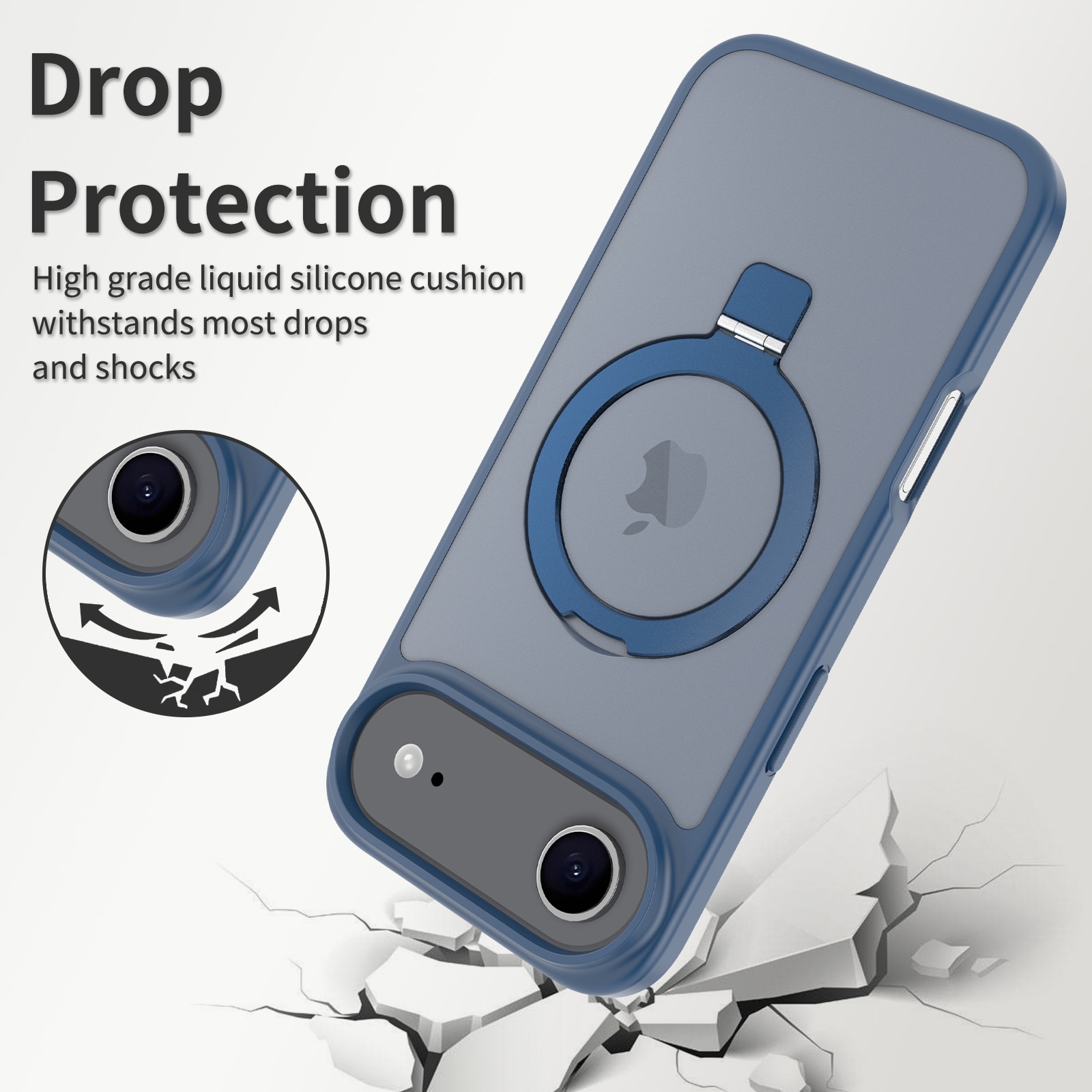 Husa de protectie pentru iPhone 17 Air, Omelivon, MagSafe, Suport pentru inel, Margini ridicate pentru protectia ecranului, Anti-Soc, TPU Moale + PC Dur, Spate Semitransparent, Albastru