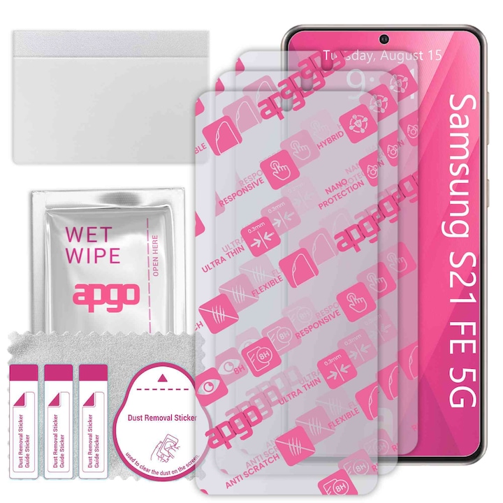 3x apgo Ultra-Clear Hybrid sticla protectoare compatibila cu Samsung Galaxy S21 FE 5G, sticla nano flexibila, inlocuire excelenta pentru sticla temperata, rezistenta la zgarieturi
