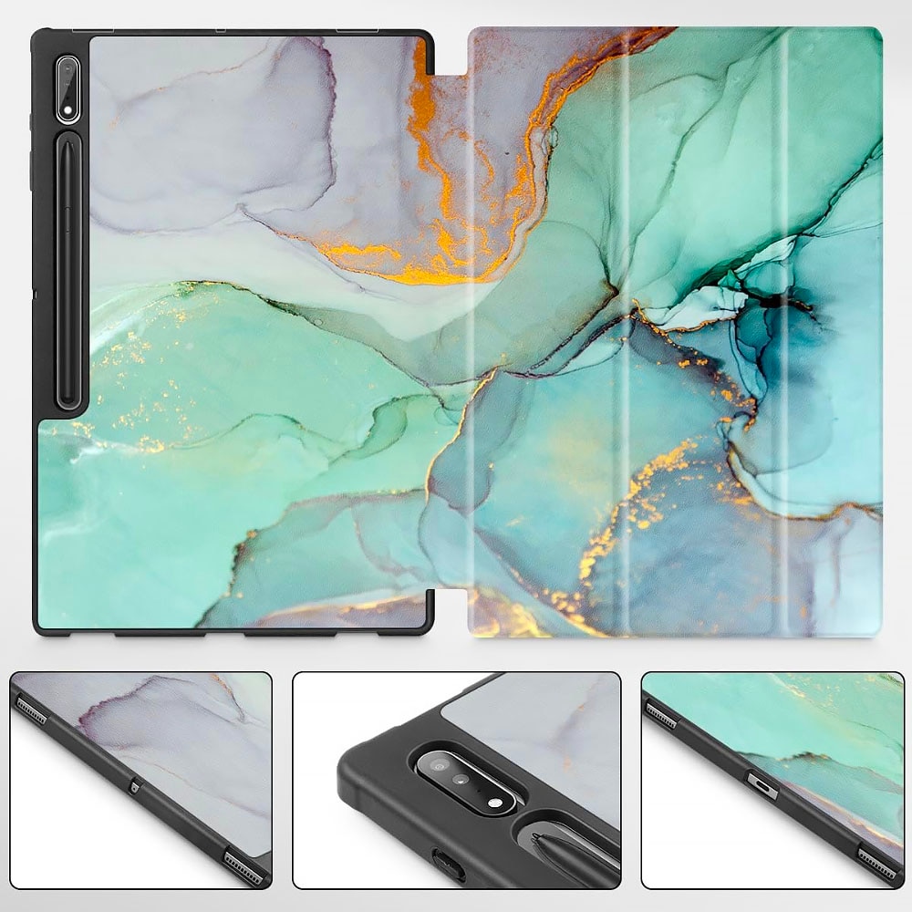 Husa tableta din piele pentru Samsung Galaxy Tab A9, Protectie Completa, Marble design, Verde
