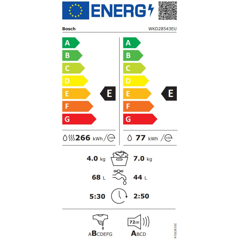 RESIGILAT: Masina de spalat rufe cu uscator incorporabila Bosch WKD28543EU, 7 kg spalare, 4 kg uscare, 1400 RPM, EcoSilence Drive, Clasa E, 60 cm, Alb