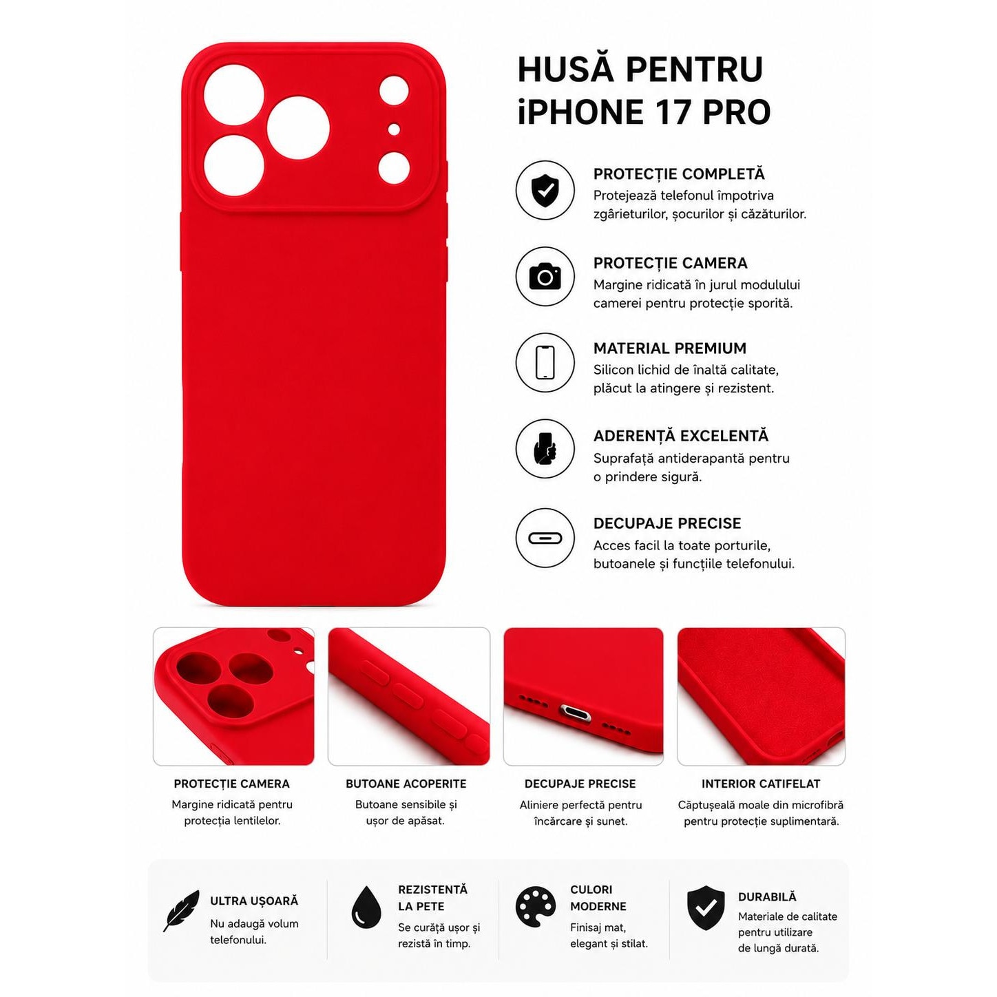 Husa telefon compatibila cu iPhone 17 Pro, Anti-Soc, Protectie camera, Microfibra interior ( catifea ), Margini Ridicate pentru Protectia Ecranului, Rosu