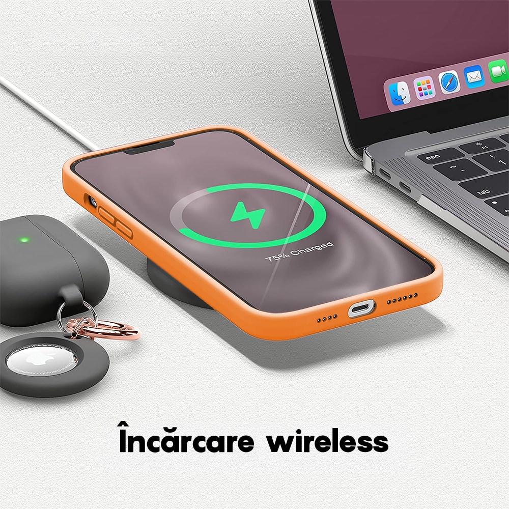Husa CASEY STUDIOS™ compatibila cu iPhone 13 Pro Max, Soft Silicone Premium, Microfibra in Interior, Nectarine, de Protectie, Ultra Slim, pentru Incarcare Wireless, Margini Ridicate de Protectia Ecranului si a Camerelor