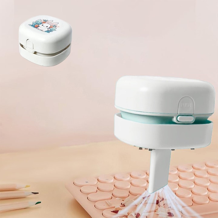 Aspirator de birou mini, alb, 6x6x4cm, fara fir, portabil, cu incarcare USB