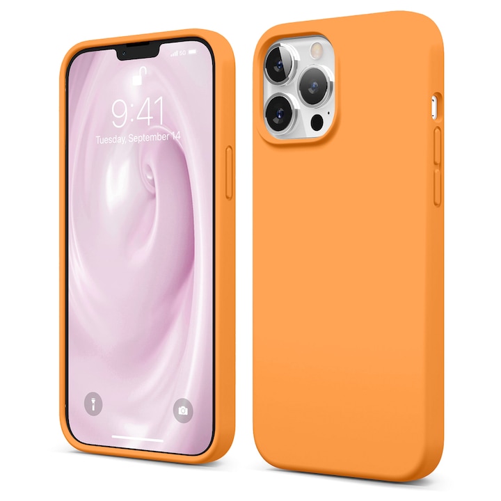 Husa CASEY STUDIOS™ compatibila cu iPhone 13 Pro, Soft Silicone Premium, Microfibra in Interior, Nectarine, de Protectie, Ultra Slim, pentru Incarcare Wireless, Margini Ridicate de Protectia Ecranului si a Camerelor