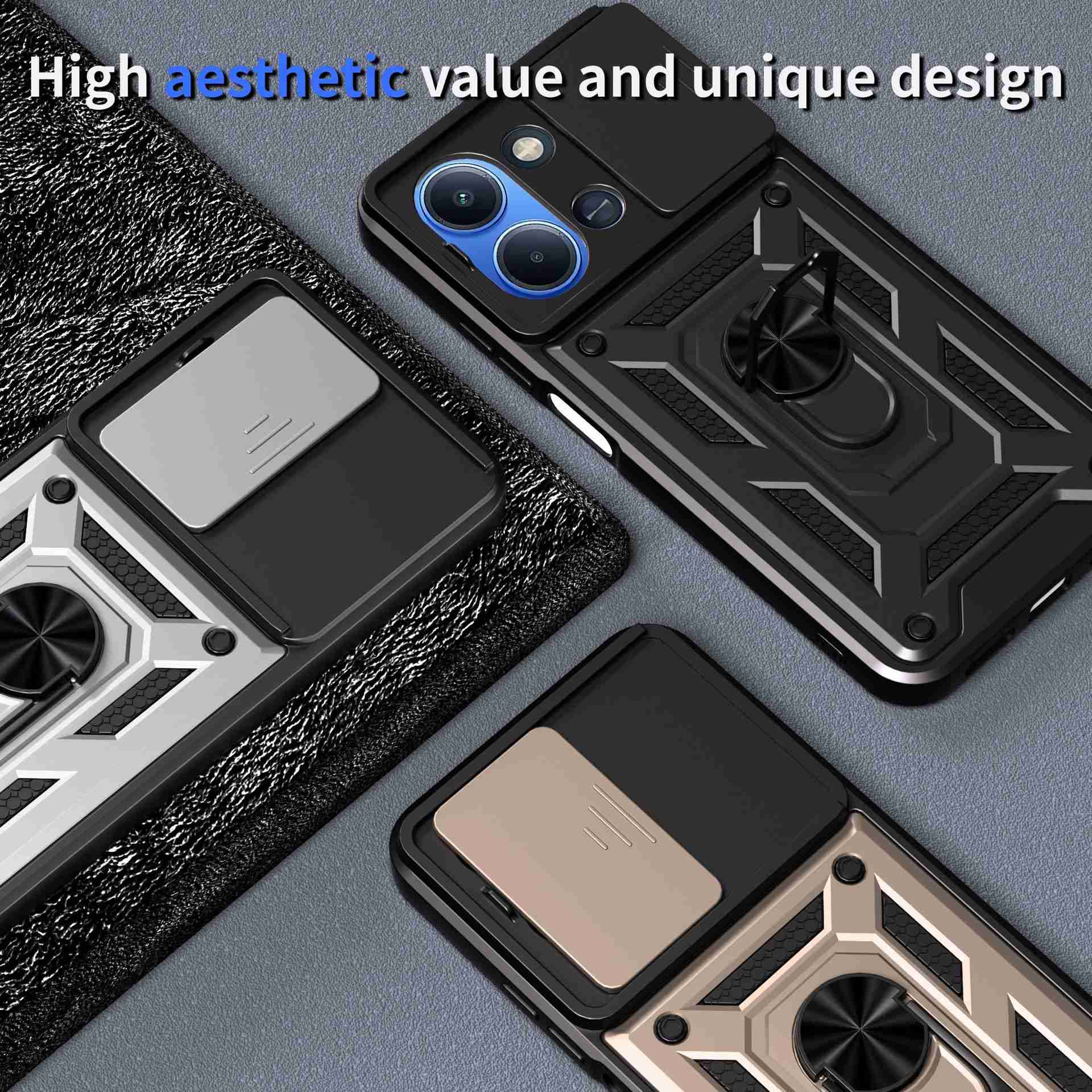 Husa magnetica pentru Redmi 15C cu suport inel, fereastra glisanta si compatibilitate auto - Carcasa protectie completa