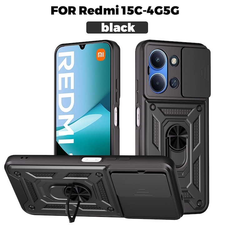 Husa magnetica pentru Redmi 15C cu suport inel, fereastra glisanta si compatibilitate auto - Carcasa protectie completa