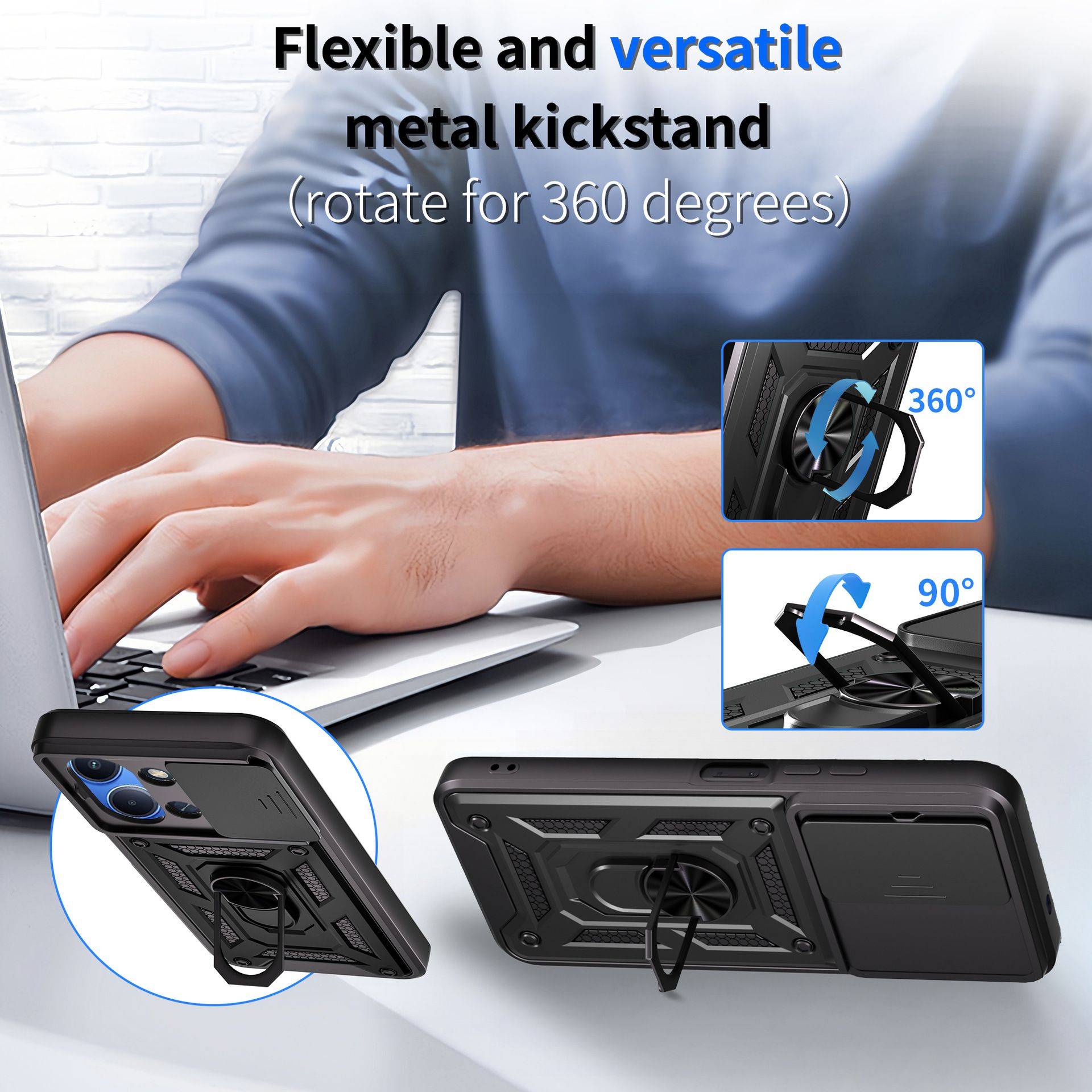 Husa magnetica pentru Redmi 15C cu suport inel, fereastra glisanta si compatibilitate auto - Carcasa protectie completa
