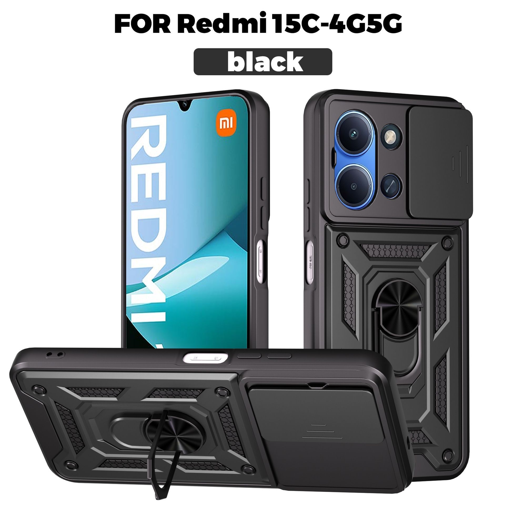 Husa magnetica pentru Redmi 15C cu suport inel, fereastra glisanta si compatibilitate auto - Carcasa protectie completa