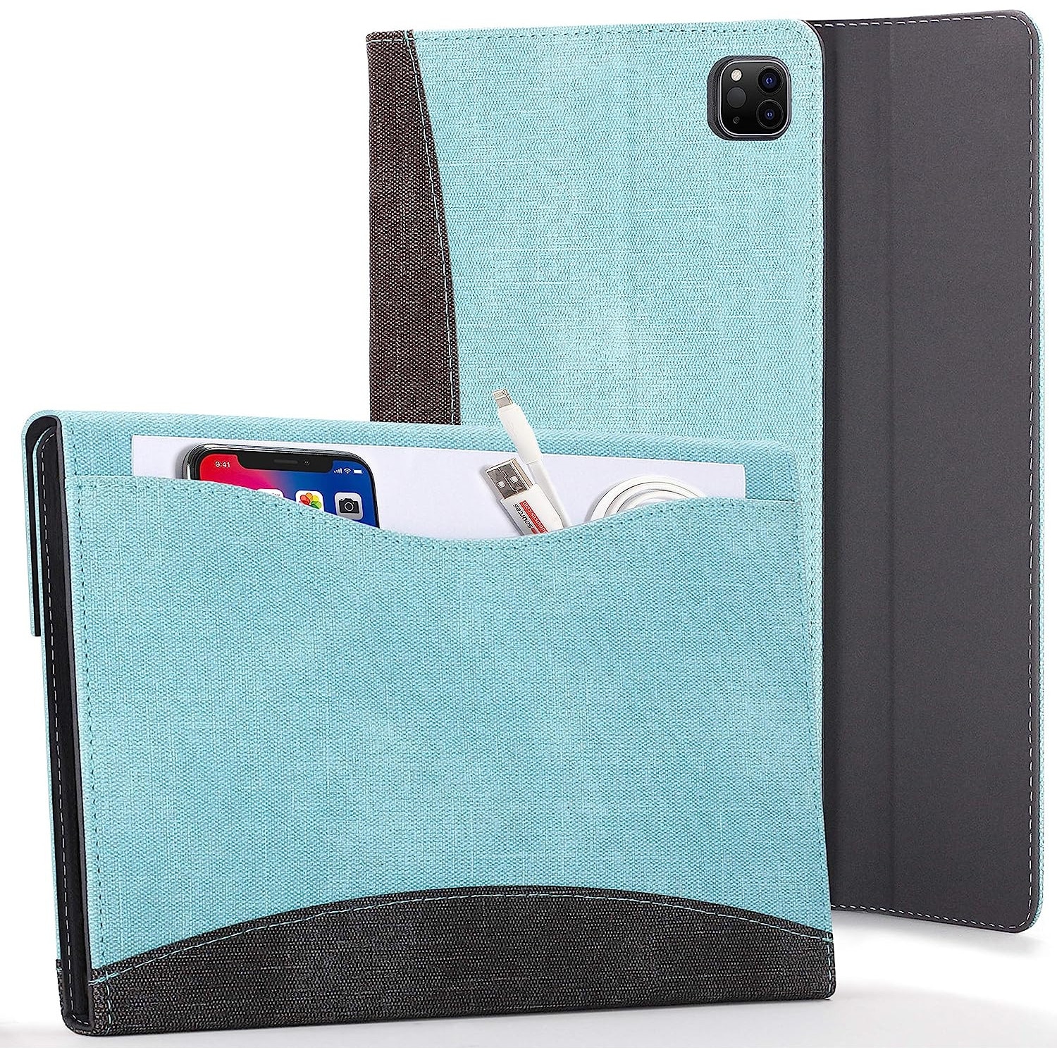 Etui pentru iPad Pro/Air, material textil, cu inchidere si buzunar pentru accesorii, compatibil iPad Pro 11 (3/4 gen) si iPad Air 5/4, Albastru, 11 inch