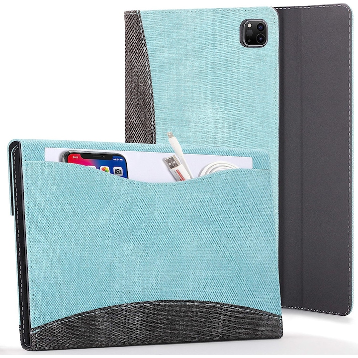 Etui pentru iPad Pro/Air, material textil, cu inchidere si buzunar pentru accesorii, compatibil iPad Pro 11 (3/4 gen) si iPad Air 5/4, Albastru, 11 inch