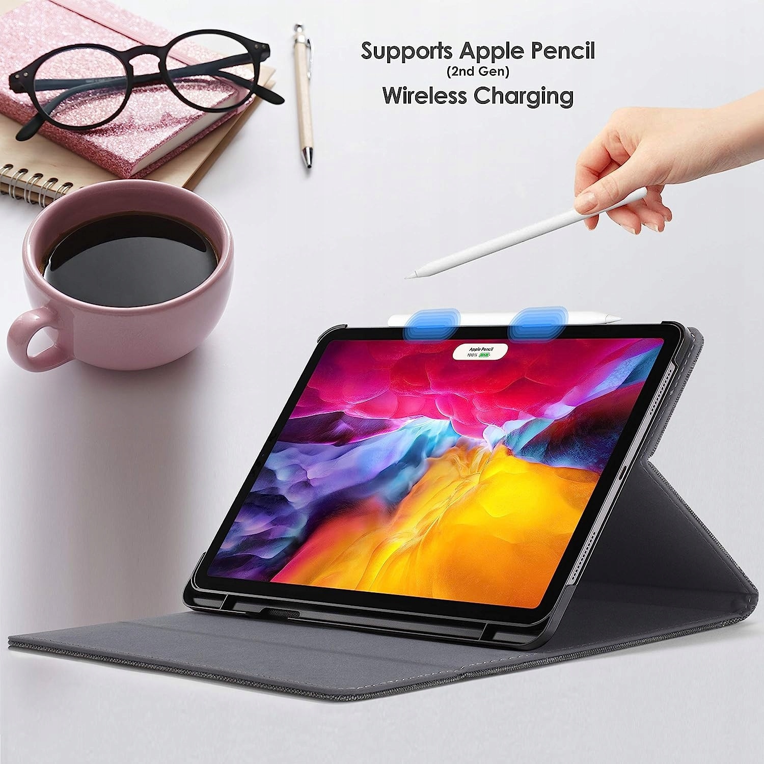 Etui pentru iPad Pro/Air, material textil, cu inchidere si buzunar pentru accesorii, compatibil iPad Pro 11 (3/4 gen) si iPad Air 5/4, Albastru, 11 inch