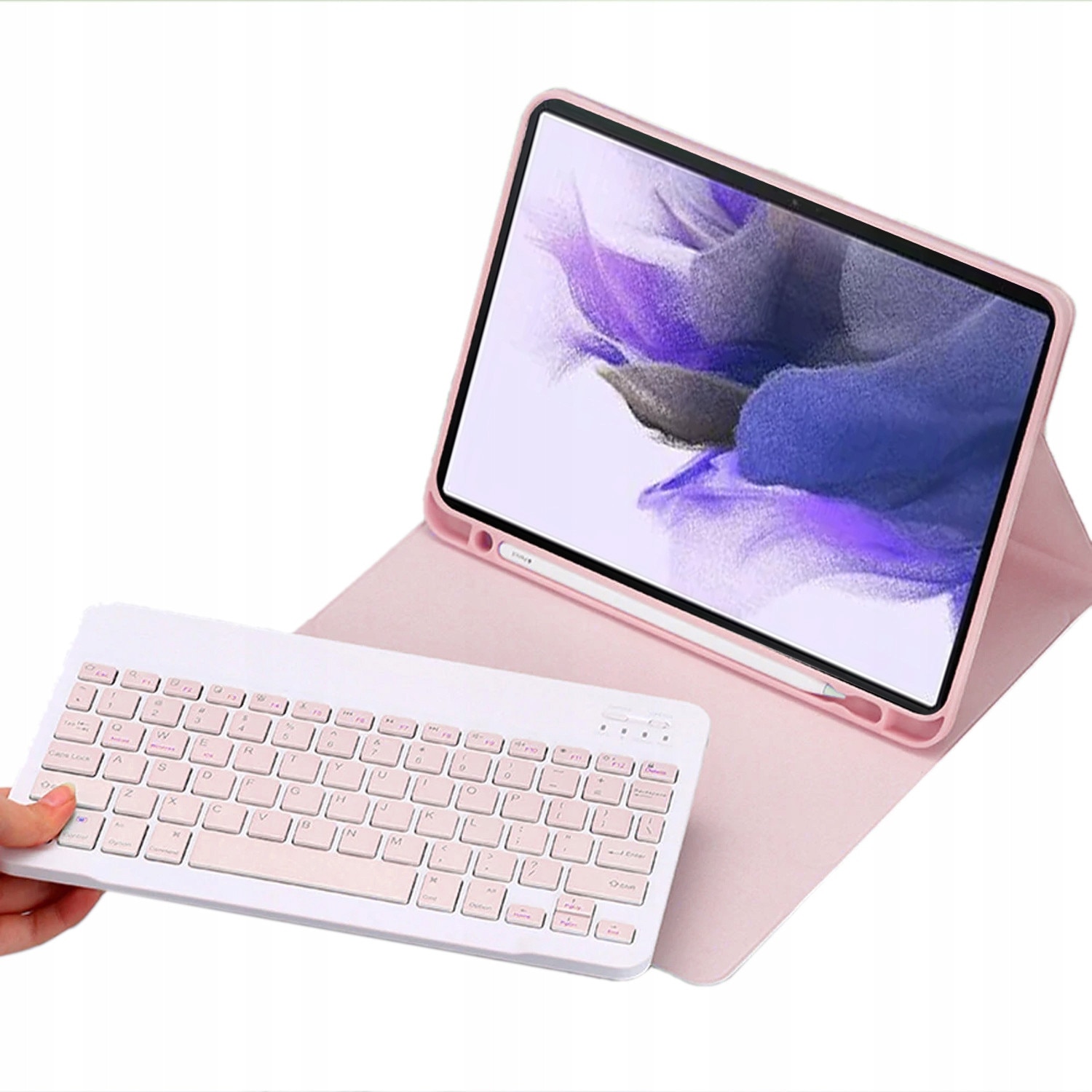 Etui cu tastatura compatibila cu Samsung Galaxy Tab S7 FE/S7 Plus, roz, 12.4", cu cablu USB
