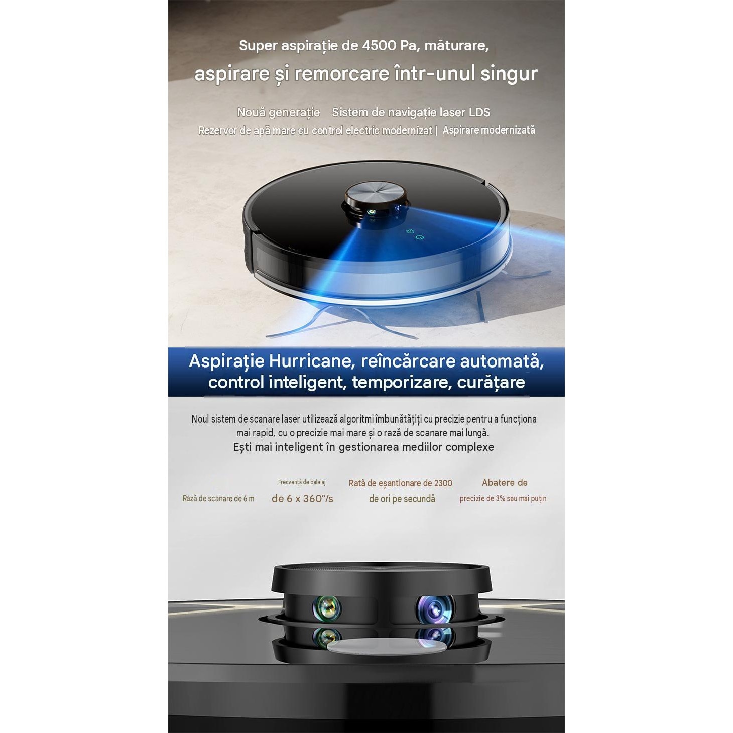 Robot aspirator LiDAR Arvada® SmartClean A8S, aspirare si mop 3 in 1, 4500 Pa, Wi-Fi, aplicatie Tuya, baterie 5200 mAh, autonomie 90–120 min, alb