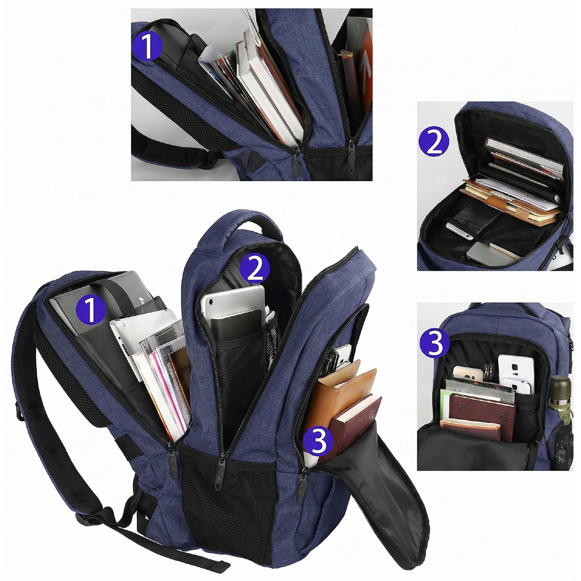 Rucsac Matein 1007, 3 compartimente, albastru, 48x35x20cm, 35L, USB, antifurt