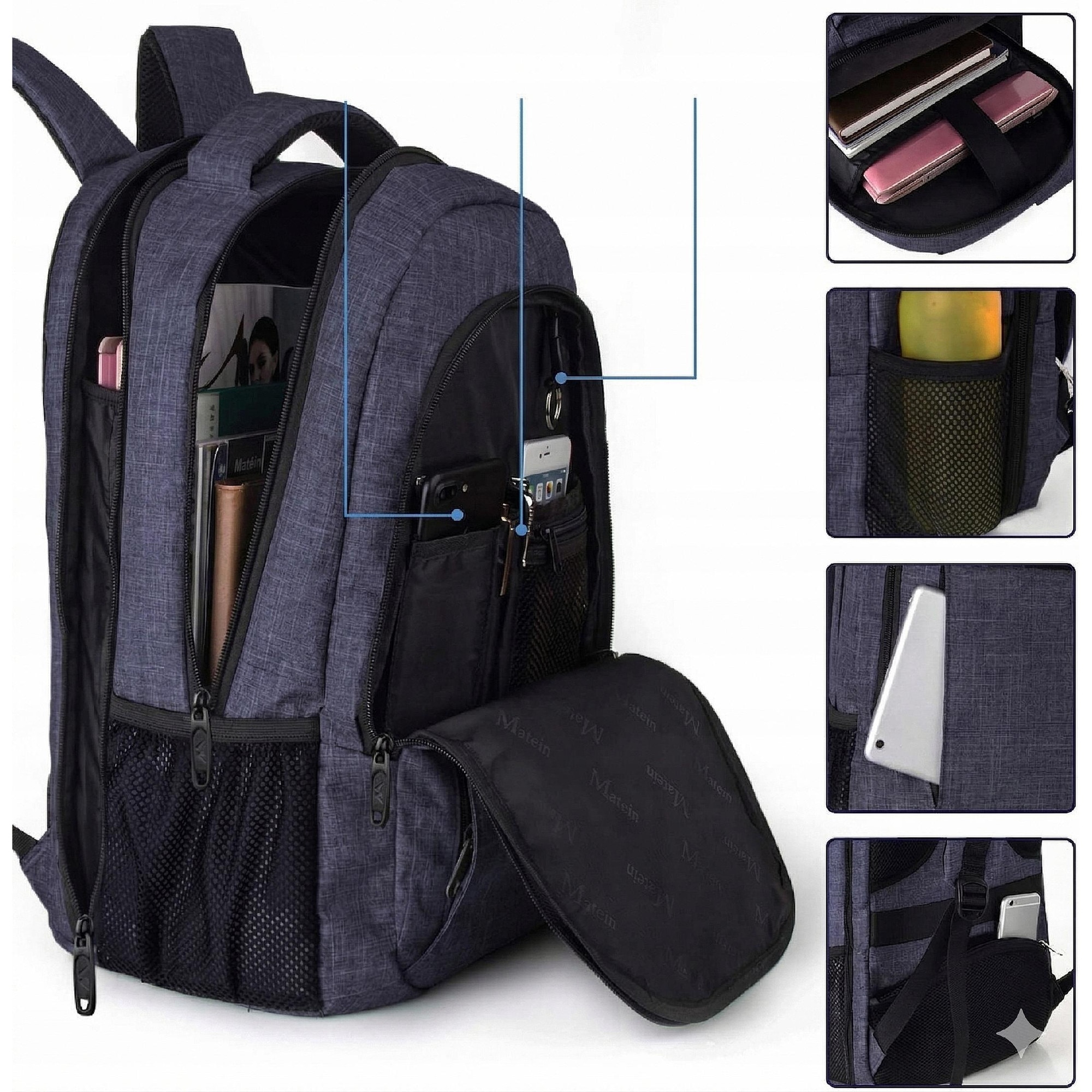 Rucsac Matein 1007, 3 compartimente, albastru, 48x35x20cm, 35L, USB, antifurt