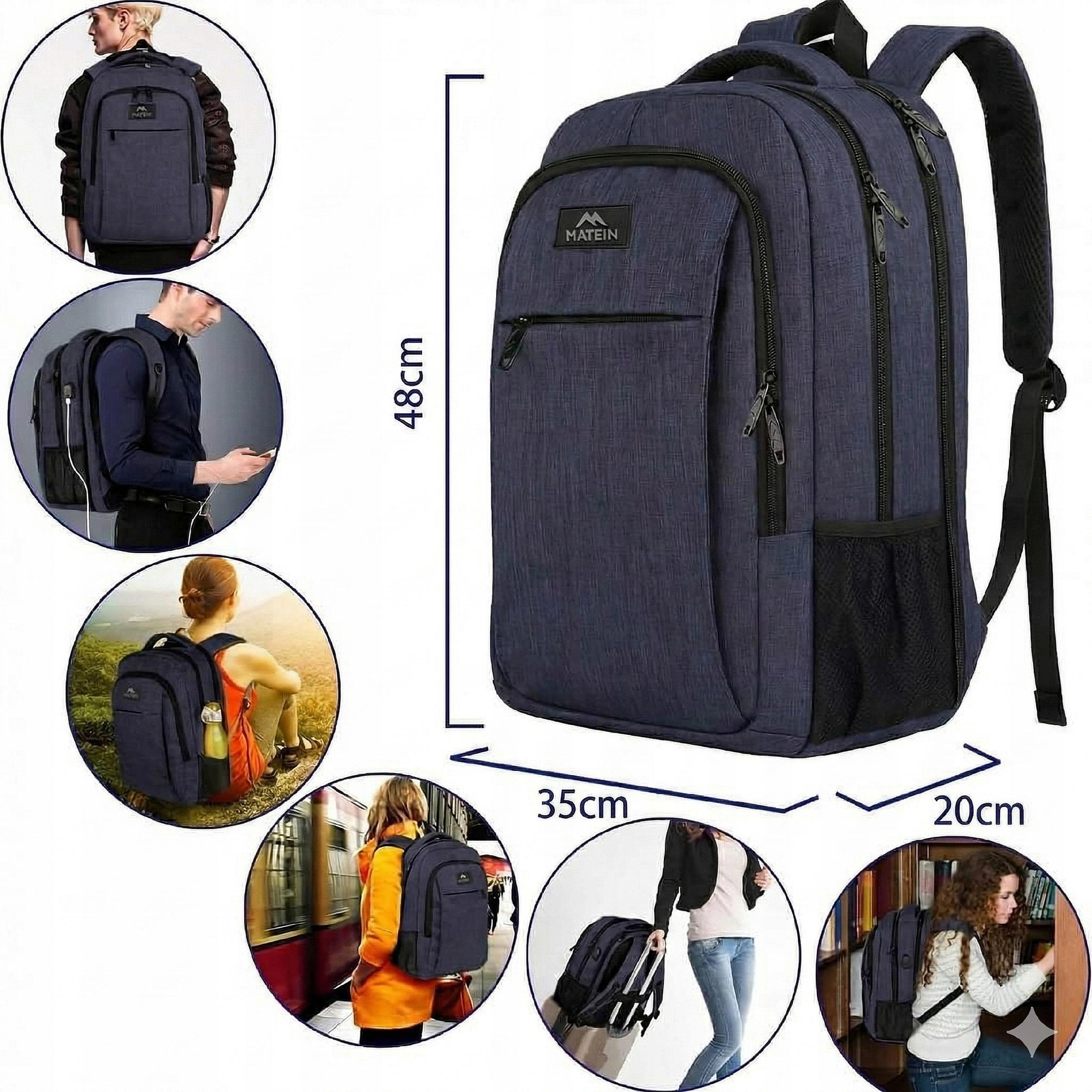 Rucsac Matein 1007, 3 compartimente, albastru, 48x35x20cm, 35L, USB, antifurt