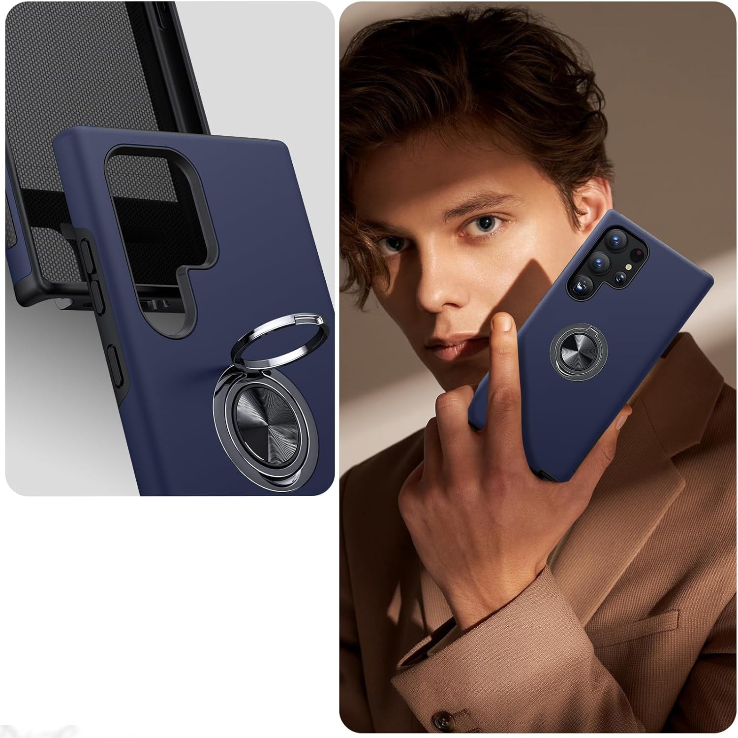 Husa pentru Samsung Galaxy S24 Ultra, MobileSmart, Hibrid Antisoc, Inel Rotativ 360° Magnetic pentru Suport Auto, Albastru Inchis