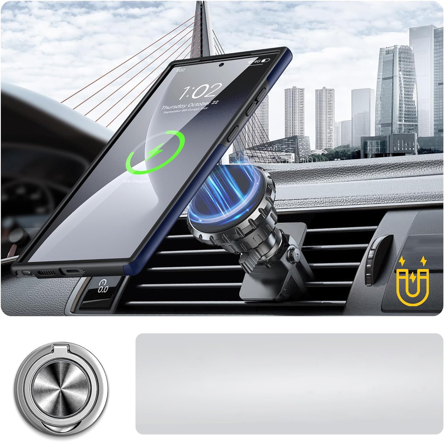 Husa pentru Samsung Galaxy S24 Ultra, MobileSmart, Hibrid Antisoc, Inel Rotativ 360° Magnetic pentru Suport Auto, Albastru Inchis