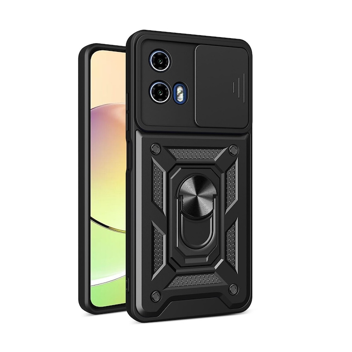 Husa telefon, pentru Motorola Moto G24 Power Capac de obiectiv al camerei glisante, inel rotativ 360°, Negru