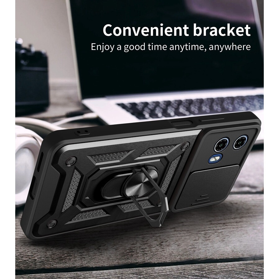 Husa telefon, pentru Motorola Moto G24 Power Capac de obiectiv al camerei glisante, inel rotativ 360°, Negru