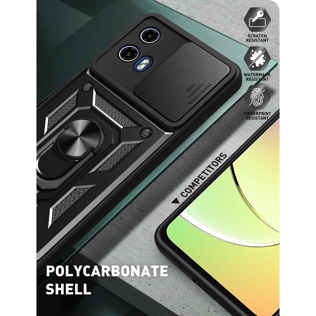 Husa telefon, pentru Motorola Moto G24 Power Capac de obiectiv al camerei glisante, inel rotativ 360°, Negru