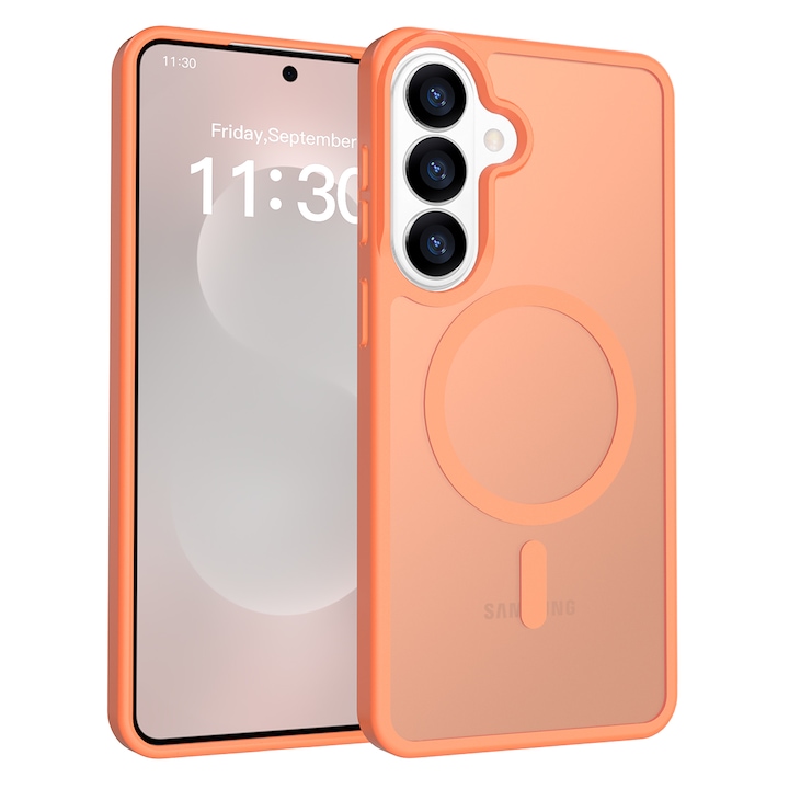 Husa de protectie pentru Samsung Galaxy S26 Plus, Omelivon, MagSafe, Incarcare Wireless, Antisoc, Margini Ridicate pentru Protectia Ecranului si a Camerelor, Materiale Premium, Portocaliu