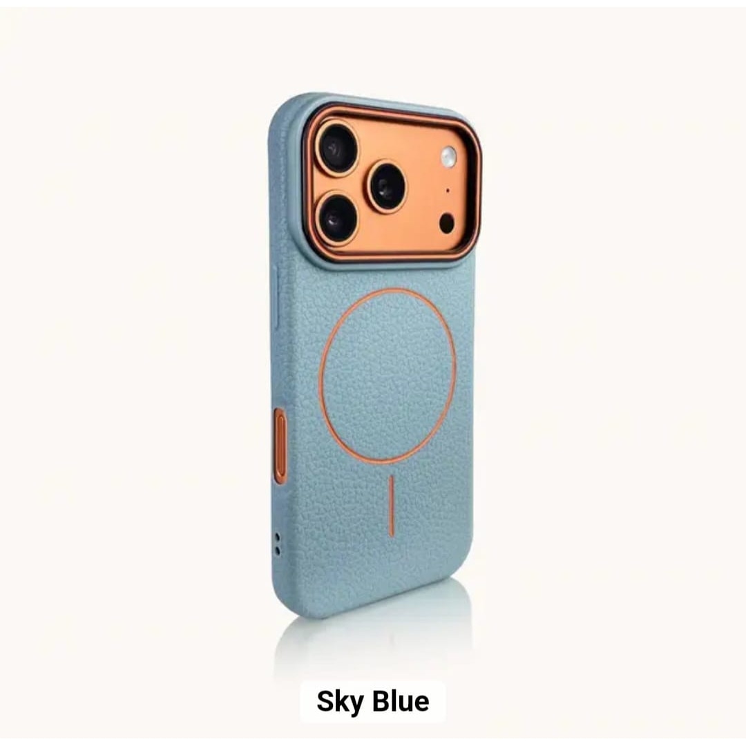 Husă magnetică Case pentru iPhone 17 Pro Max, TPU cu textură imitație piele, albastru deschis, margini ridicate