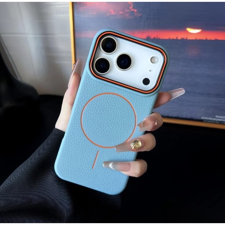 Husă magnetică Case pentru iPhone 17 Pro Max, TPU cu textură imitație piele, albastru deschis, margini ridicate