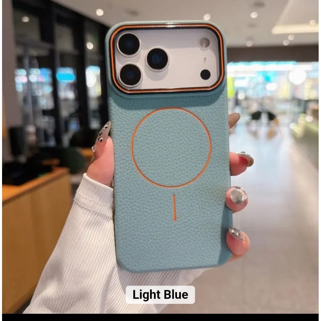 Husă magnetică Case pentru iPhone 17 Pro Max, TPU cu textură imitație piele, albastru deschis, margini ridicate