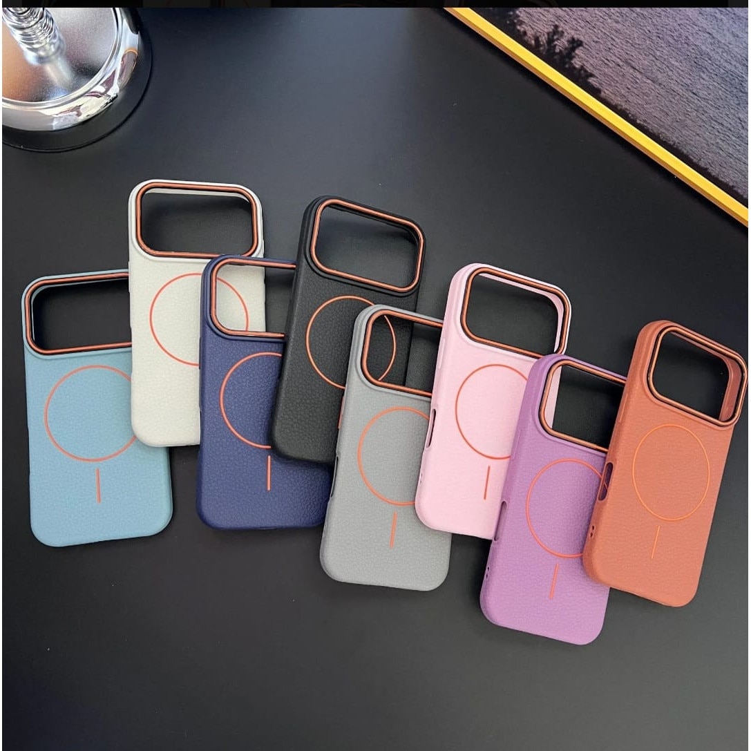 Husă magnetică Case pentru iPhone 17 Pro Max, TPU cu textură imitație piele, albastru deschis, margini ridicate
