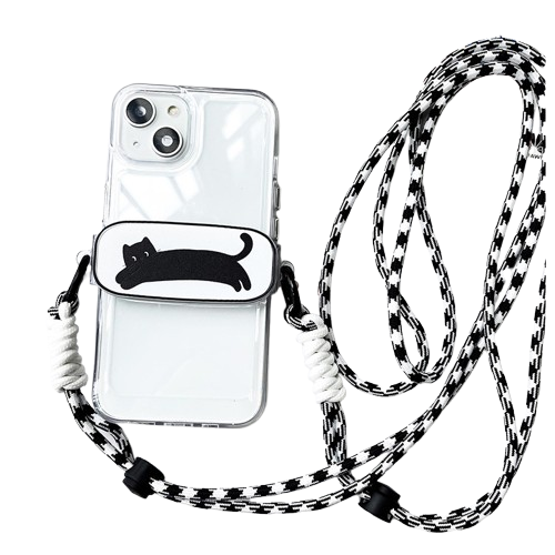 Suport universal pentru telefon cu lanyard, silicon, eliptic, Pisica Neagra, lanyard negru/alb, reglabil, pentru Samsung Galaxy si iPhone