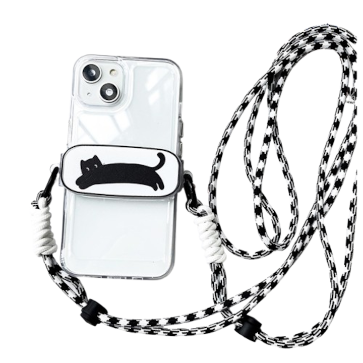 Suport universal pentru telefon cu lanyard, silicon, eliptic, Pisica Neagra, lanyard negru/alb, reglabil, pentru Samsung Galaxy si iPhone