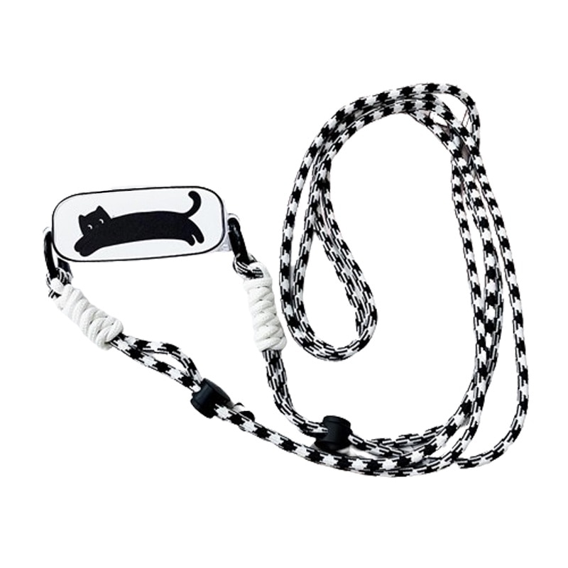 Suport universal pentru telefon cu lanyard, silicon, eliptic, Pisica Neagra, lanyard negru/alb, reglabil, pentru Samsung Galaxy si iPhone