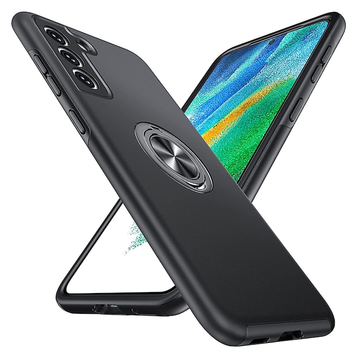 Husa pentru Samsung Galaxy S21 FE, MobileSmart, Hibrid Antisoc, Inel Rotativ 360° Magnetic pentru Suport Auto, Negru