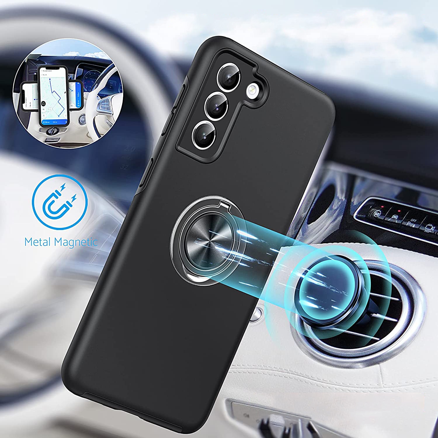 Husa pentru Samsung Galaxy S21 FE, MobileSmart, Hibrid Antisoc, Inel Rotativ 360° Magnetic pentru Suport Auto, Negru