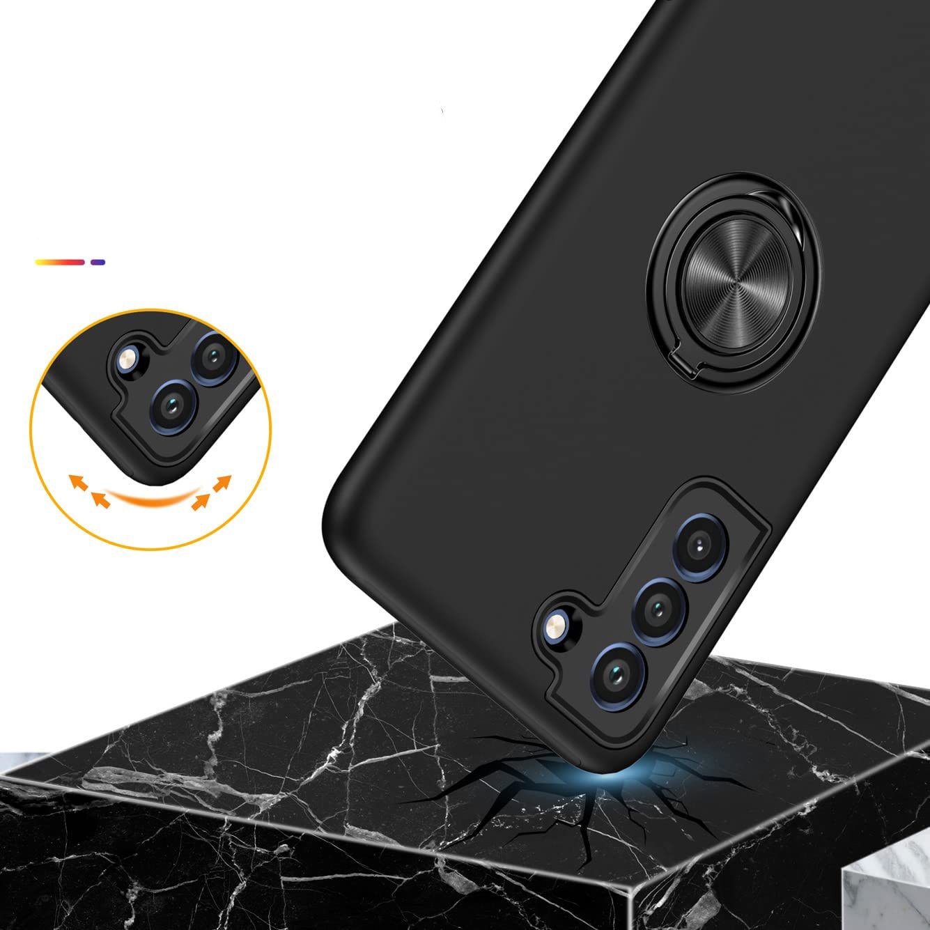 Husa pentru Samsung Galaxy S21 FE, MobileSmart, Hibrid Antisoc, Inel Rotativ 360° Magnetic pentru Suport Auto, Negru