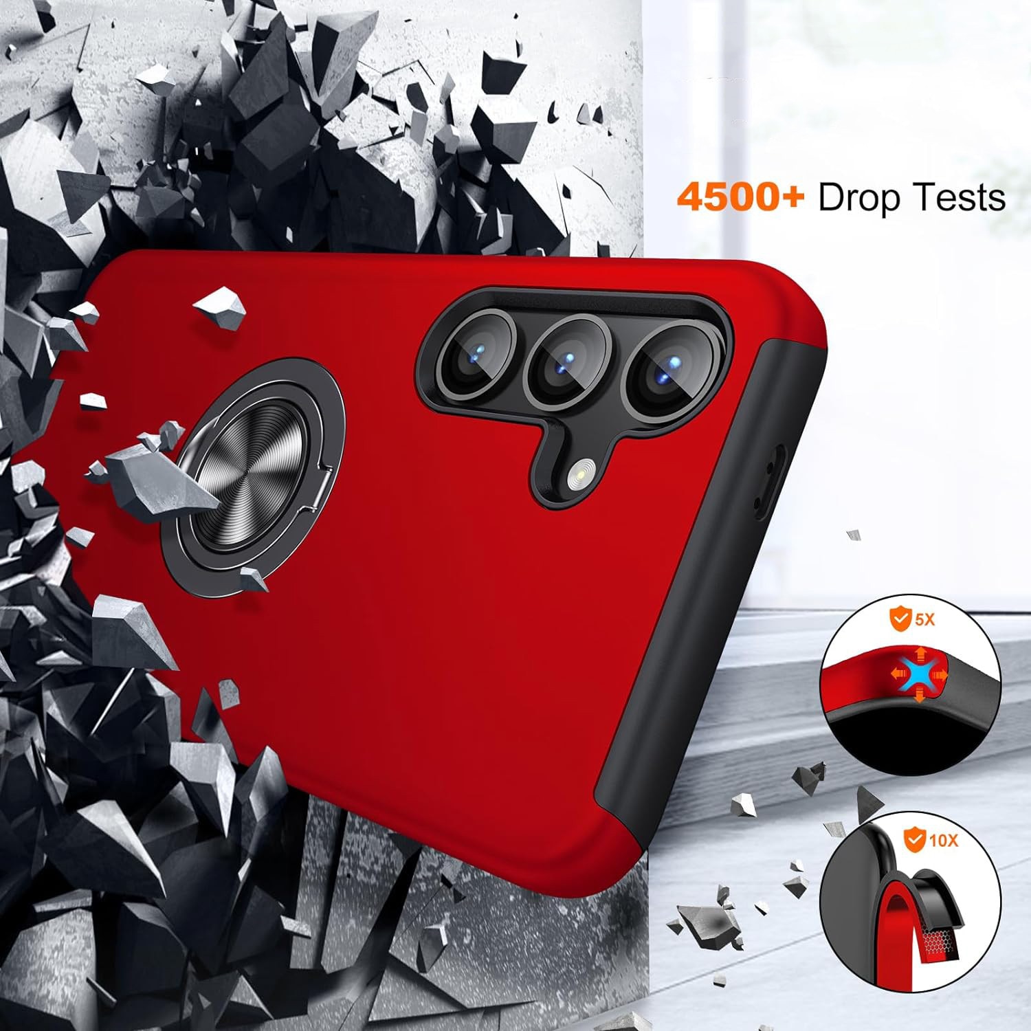 Husa pentru Samsung Galaxy S24, MobileSmart, Hibrid Antisoc, Inel Rotativ 360° Magnetic pentru Suport Auto, Rosu